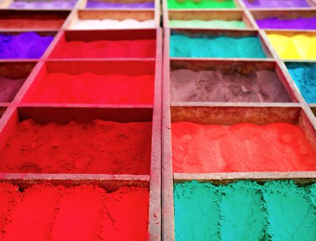 Bright colored tika powder used in Hindu religion, Nepal