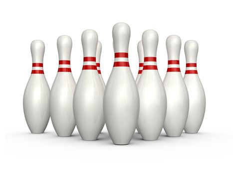 Bowling pins, skittles with red stripes standing, isolated on white background.