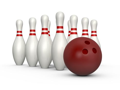 Bowling pins, skittles with red stripes and bowling ball, isolated on white background.