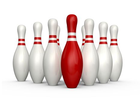 Red bowling pin standing out from the crowd, front of other skittles, isolated on white background.