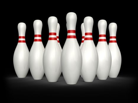 Bowling pins, skittles with red stripes standing, isolated on white background.