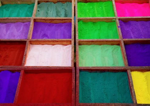 Bright colored tika powder used in Hindu religion, Nepal