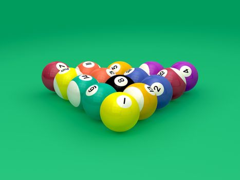 Close up to colorful billiard balls on green billiard table.