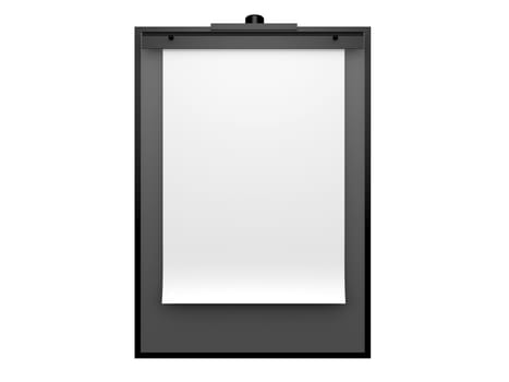 White blank paper sheet on holder, isolated on white background.