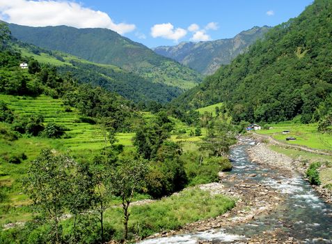 Rice fields and freshwate. Himalayan landscape, Nepal