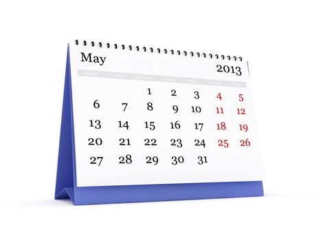 Desk calendar, May month, 2013 year, isolated on white background.
