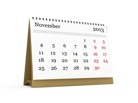 Desk calendar, November month, 2013 year, isolated on white background.