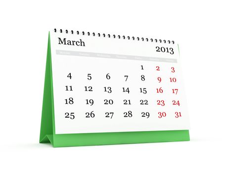 Desk calendar, March month, 2013 year, isolated on white background.