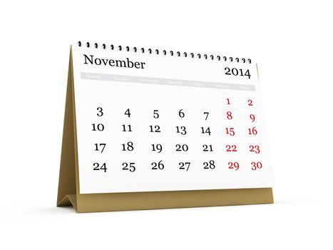 Desk calendar, November month, 2014 year, isolated on white background.