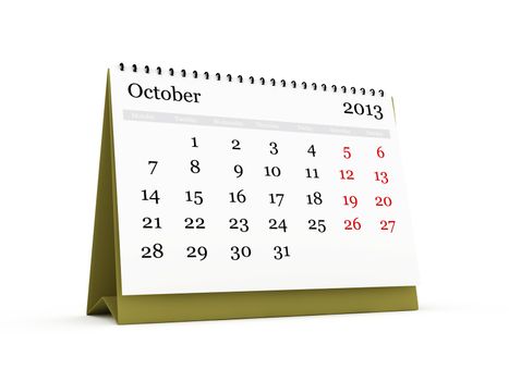 Desk calendar, October month, 2013 year, isolated on white background.