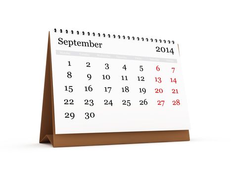 Desk calendar, September month, 2014 year, isolated on white background.