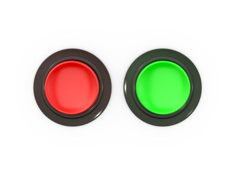 Blank red and green buttons, top view, isolated on white background.