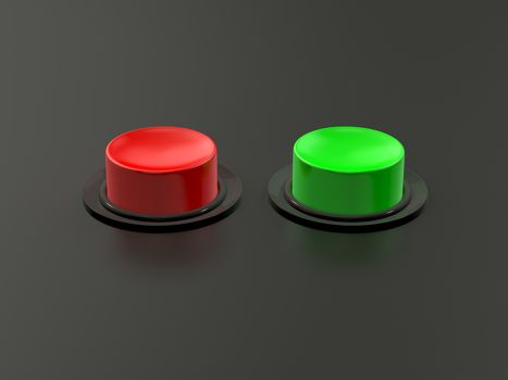 Blank red and green buttons on dark background with reflection.
