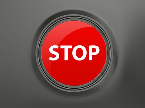 Red shiny stop button on dark background.