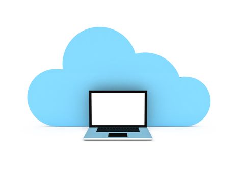 Cloud computing concept and laptop with white blank screen, isolated on white background.