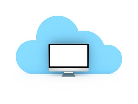 Cloud technology and monitor with white blank screen, isolated on white background.