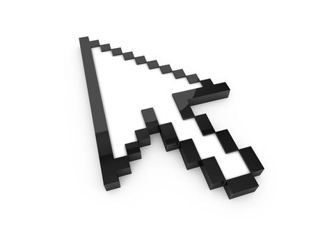 Black pixel arrow cursor, pointer with reflection, isolated on white background.