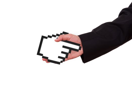 Businessman extends hand to shake with black pixel mouse cursor, pointer, isolated on white background.