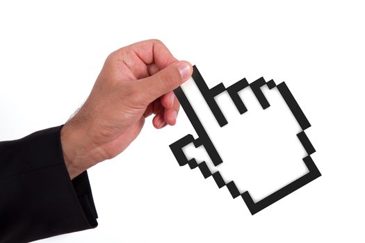 Businessman holding black pixel mouse cursor, isolated on white background.