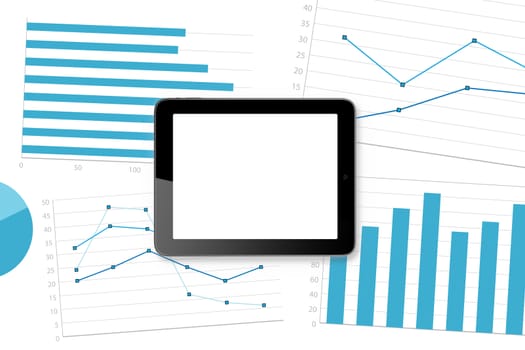 Analyze statistical data concept. Tablet with blank, white screen on graph charts, statistics.