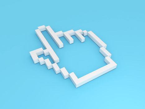 White pixels hand cursor on blue background.