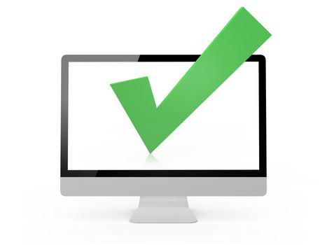 Green check mark in monitor, isolated on white background.