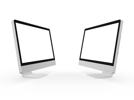 Two blank desktop computer screens, isolated on white background.