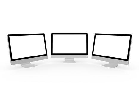 Three blank desktop computer screens, isolated on white background.