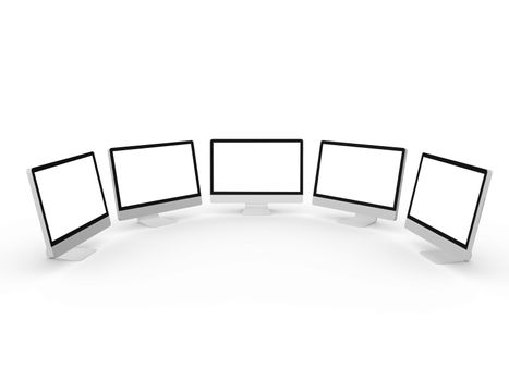 Five blank desktop computer screens, isolated on white background.