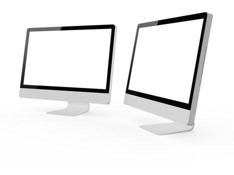 Blank desktop computer screens, isolated on white background.