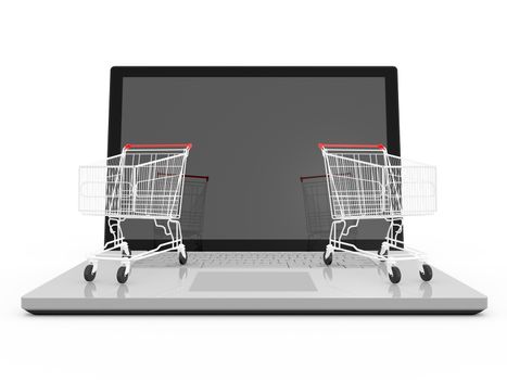 Two red shiny shopping carts on laptop with reflection to blank screen, isolated on white background.