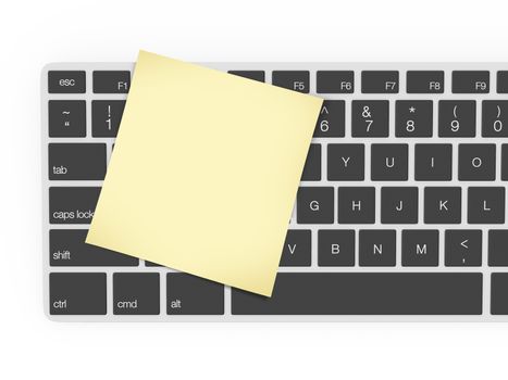 Keyboard and yellow blank sticky note, isolated on white background.