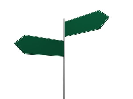 Blank, green left and right arrow crossroad sign template, isolated on white background.