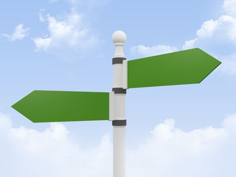 Green, shiny traffic, road signs, left and right, on cloudy sky background.