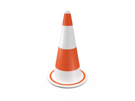 Single orange highway traffic cone with white stripes, isolated on white background.