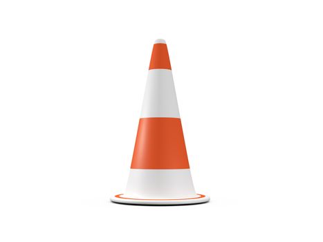 Single orange highway traffic cone with white stripes, isolated on white background.