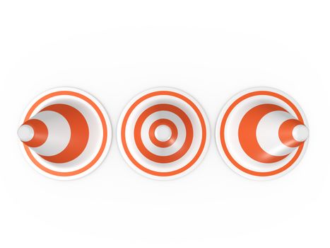 Orange highway traffic cones with white stripes in a row, isolated on white background.
