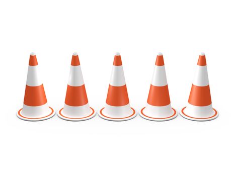 Orange highway traffic cones with white stripes in a row, isolated on white background.