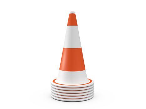 Orange highway traffic cones with white stripes, isolated on white background.