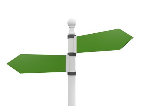 Green, shiny traffic, road signs, left and right, isolated on white background.