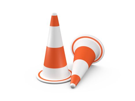 Orange highway traffic cones with white stripes, isolated on white background.