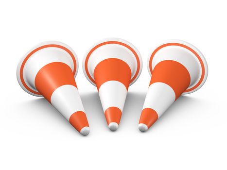 Orange highway traffic cones with white stripes in a row, isolated on white background.
