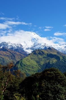 View of "Fish Tail" mountain, trek to base camp Annapurna conservation area, Nepal