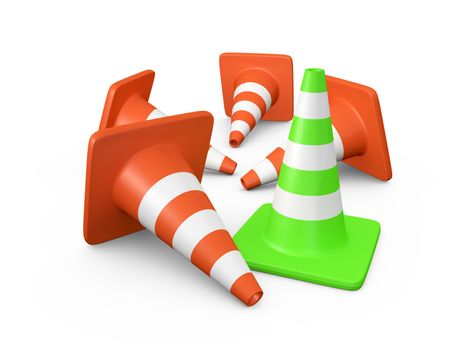Orange highway traffic cones with white stripes, green is outstanding from crowd, isolated on white.