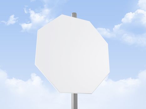 Close up to octagon road sign, on cloudy sky background.