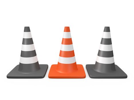 Outstanding concept from the crowd, orange highway traffic cone between two black cones with white stripes, isolated on white.