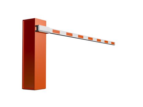 Closed striped road barrier for entrance, isolated on white background.