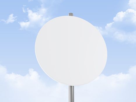 Close up to rounded road sign, on cloudy sky background.
