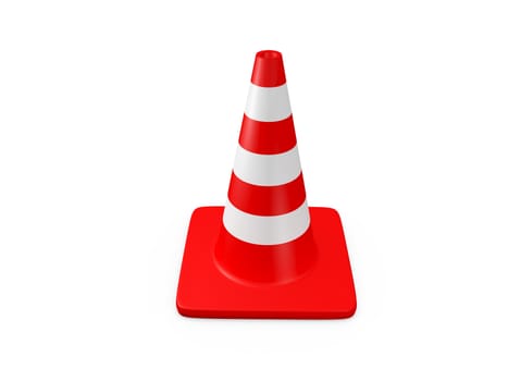 Red highway traffic cone with white stripes, isolated on white background.