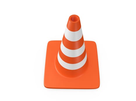 Orange highway traffic cone with white stripes, isolated on white background.